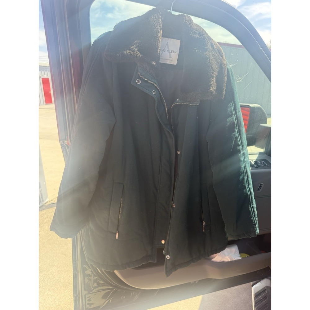 Anne Klein Women's Green Coat L Faux Fur Collar Thermolite‎ Winter